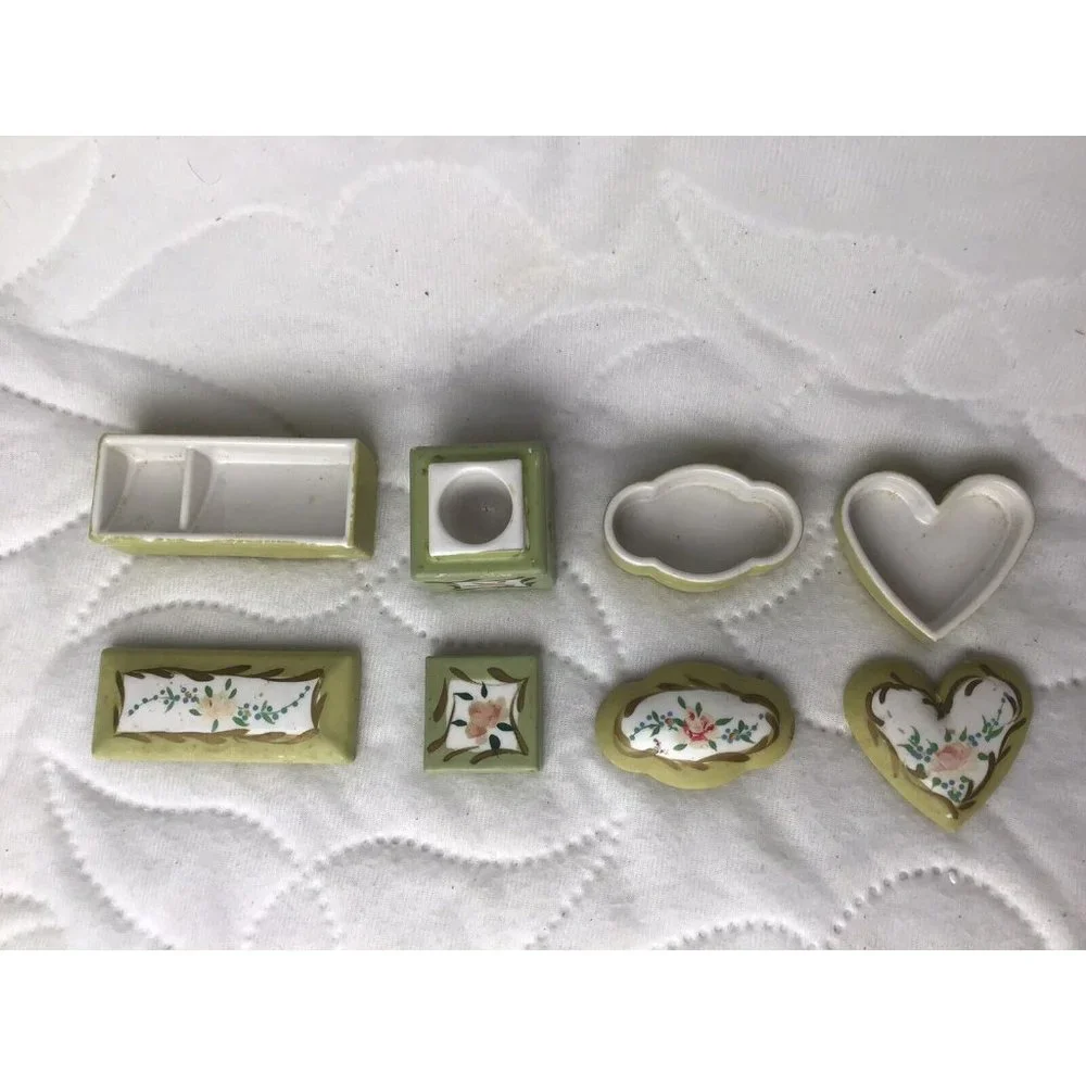 Vintage ELFINWARE Set Of 4 Hand-Painted Porcelain TRINKET BOXES Green With Rose